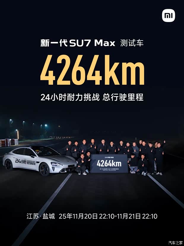 破纪录 新款小米SU7 Max测试车24小时耐力挑战总行驶里程4264km